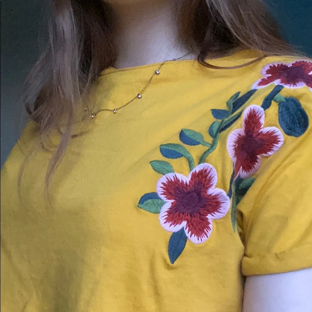 Yellow Flower Patch T Shirt Gold Embroidered